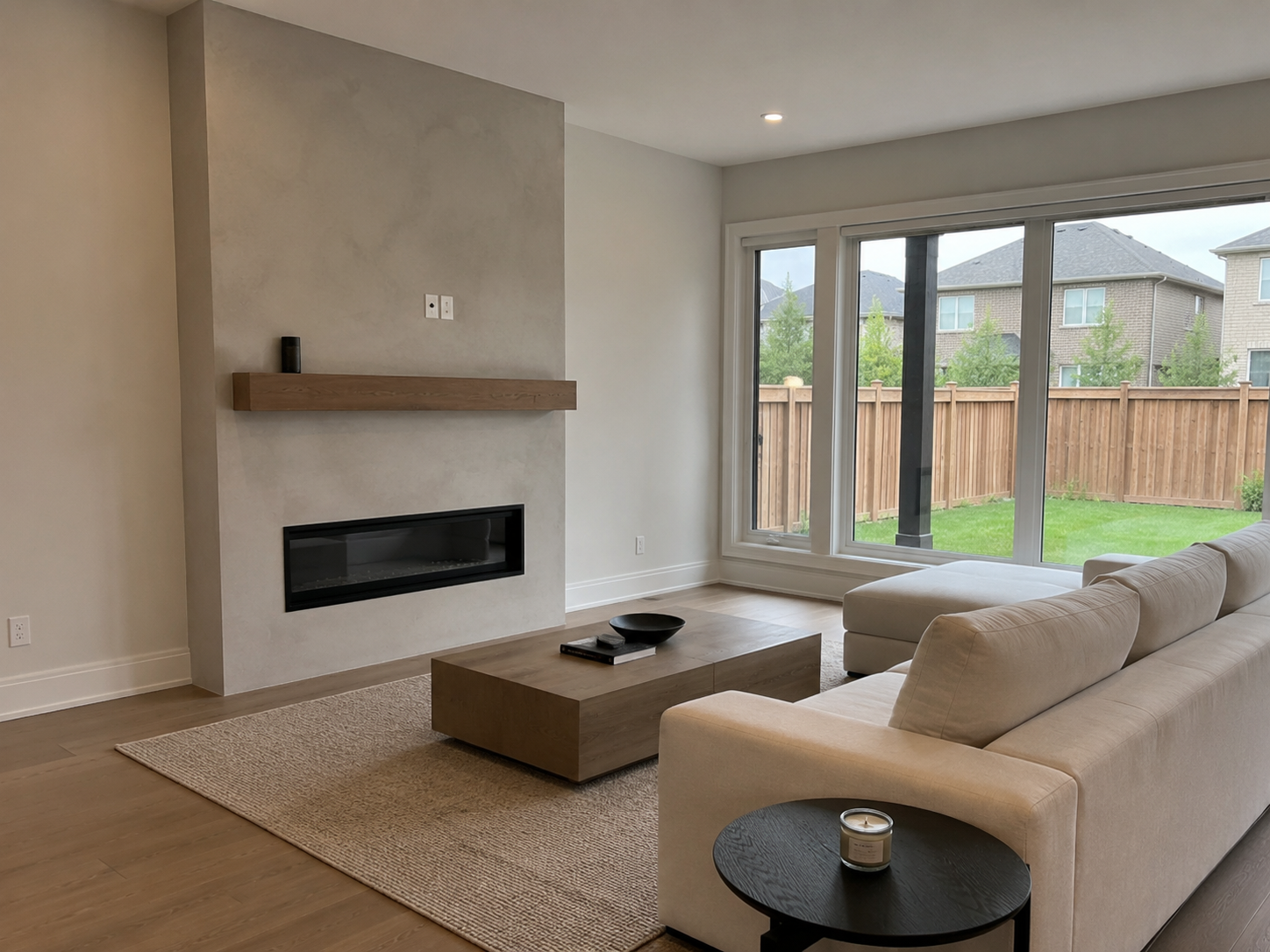 The same living space after renovation: modern fireplace feature wall and sectional sofa